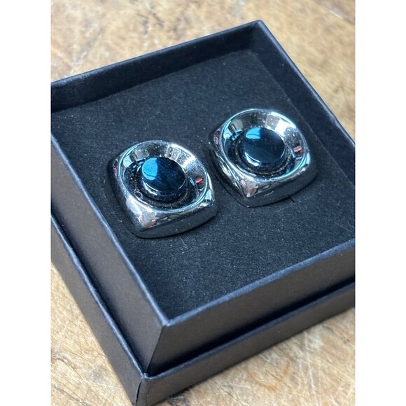 Silver & Black Round Cufflinks With Polished Finish & Swivel Backing - Picture 12 of 13